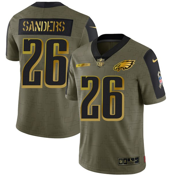 Men's Philadelphia Eagles #26 Miles Sanders 2021 Olive Salute To Service Golden Limited Stitched Jersey Men's Philadelphia Eagles #26 Miles Sanders 2021 Olive Salute To Service Golden Limited Stitched Jersey